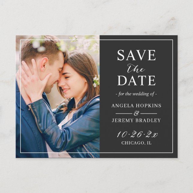 Simple Black White Layout Photo Save the Date Postcard (Front)