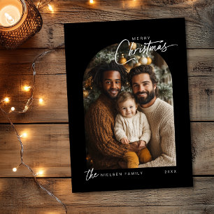 Simple Black White Merry Christmas Script Photo Holiday Card