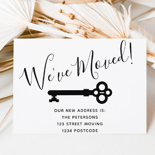 Simple black white minimal key moving announcement postcard