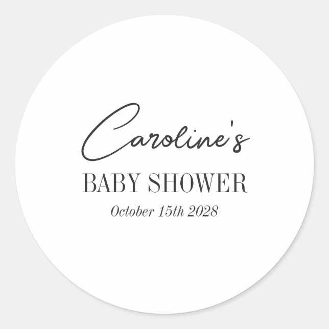 Simple Black White Minimalist Custom Baby Shower Classic Round Sticker (Front)