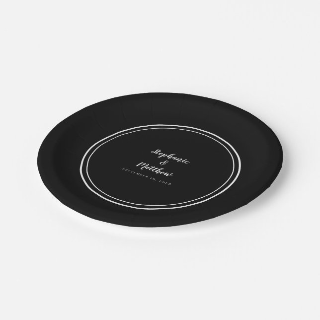 Simple Black & White Modern Bride & Groom Wedding Paper Plate (Angled)