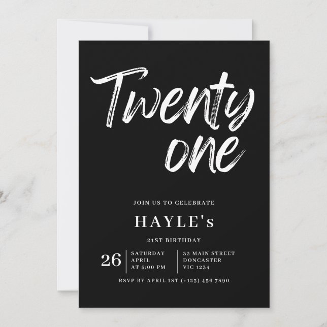 Simple Black & White Modern Brush 21st Birthday Invitation (Front)
