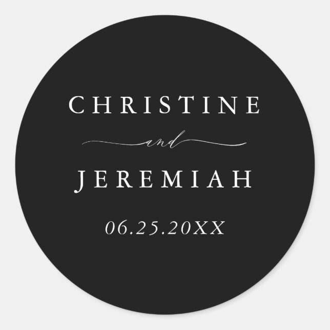 Simple Black White Modern Script Wedding Classic Round Sticker (Front)