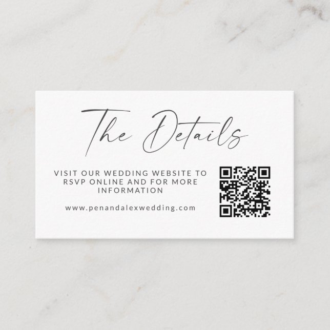 Simple Black White Modern Script Wedding QR Code Enclosure Card (Front)