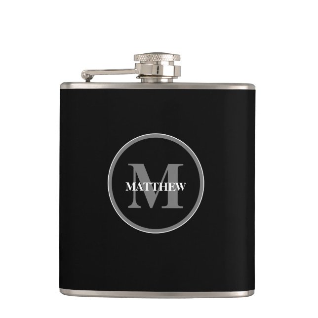 Simple Black white Monogram custom Hip Flask (Front)