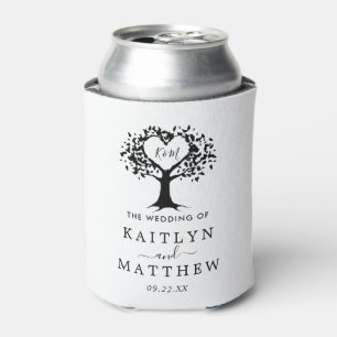 Simple Black & White Monogram Heart Tree Wedding Can Cooler
