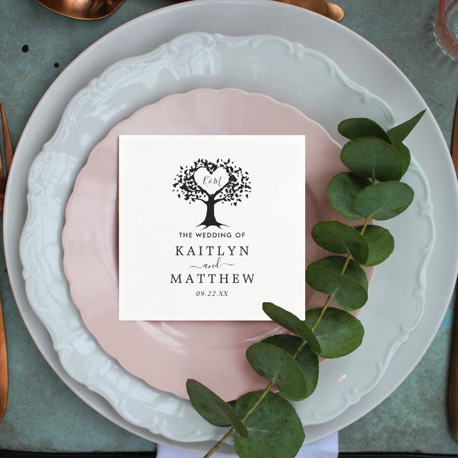 Simple Black & White Monogram Heart Tree Wedding Napkin (Creator Uploaded)