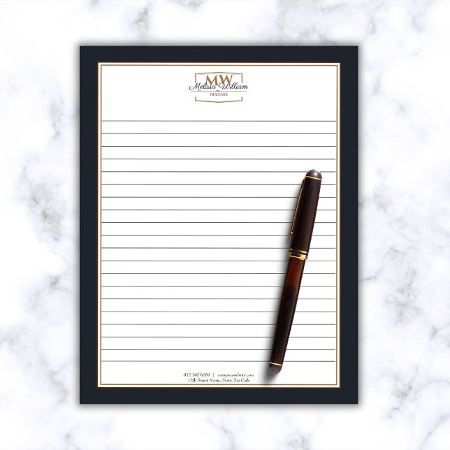 Simple Black White Monogram Lined Business Notepad (Creator Uploaded)