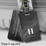 Simple Black White Monogram Luggage Tag<br><div class="desc">This stylish luggage tag features a dark grey, almost black, background for a sleek black and white look. A personalized initial is elegantly displayed in script calligraphy, with the name positioned below in a matching serif font. The simple yet chic design adds a touch of sophistication to your travel essentials,...</div>