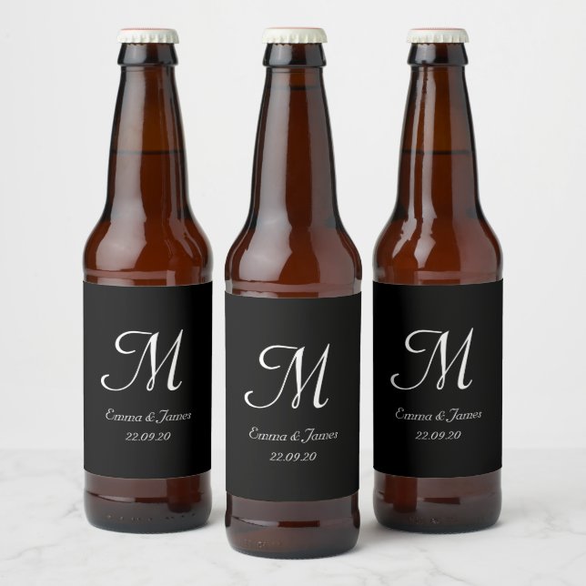 Simple Black & White Monogram Script Wedding  Beer Bottle Label (Bottles)