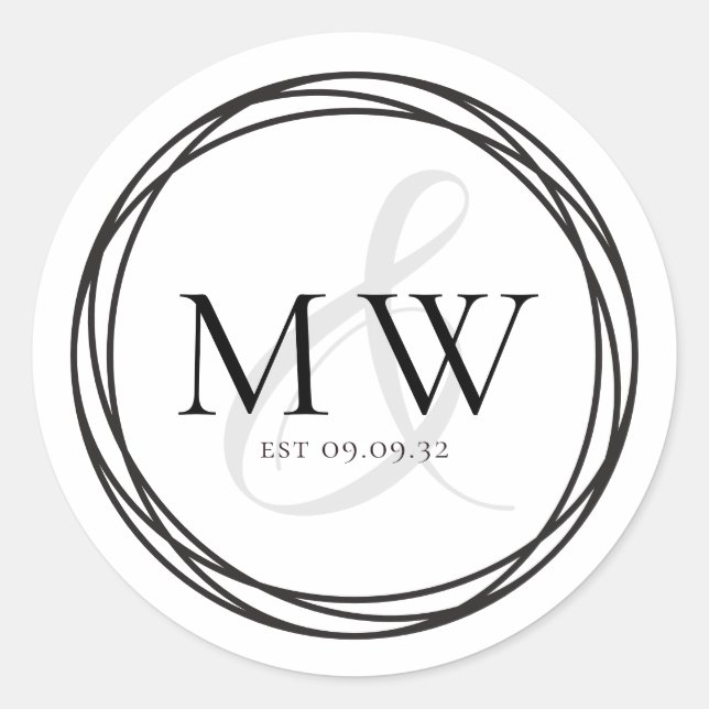 Simple Black White Monogram Wedding Classic Round Sticker (Front)