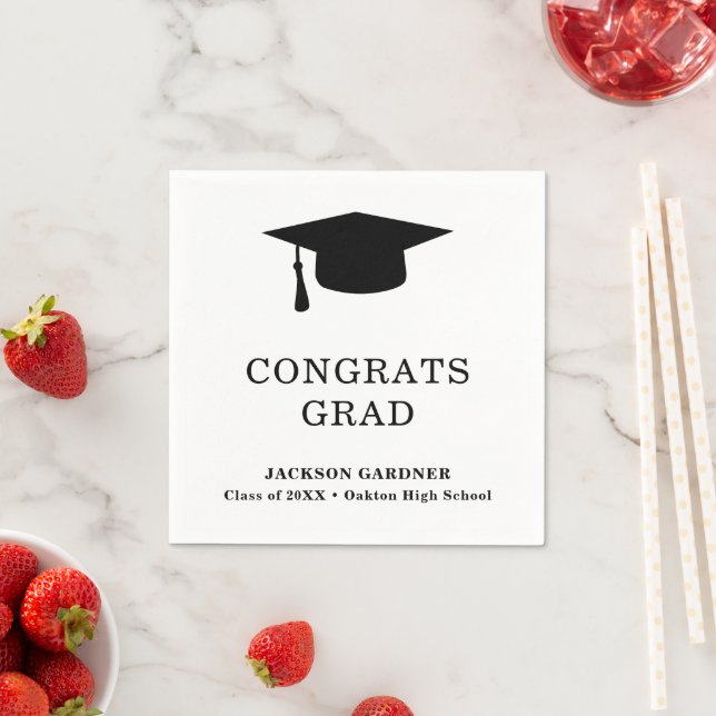 Simple Black White Mortar Board Modern Graduation Napkin (Insitu)