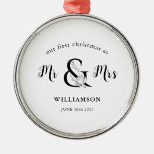 Simple Black & white Mr & Mrs 1st Christmas  Metal Ornament