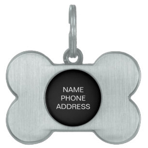 Simple black white name contact info dog bone pet ID tag