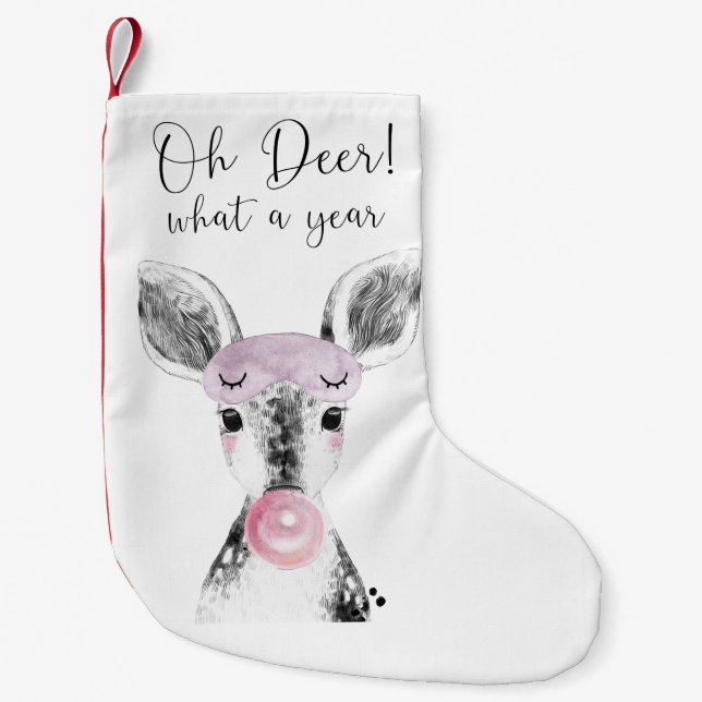 Simple Black & White Oh Deer What A Year Quote Small Christmas Stocking (Front)