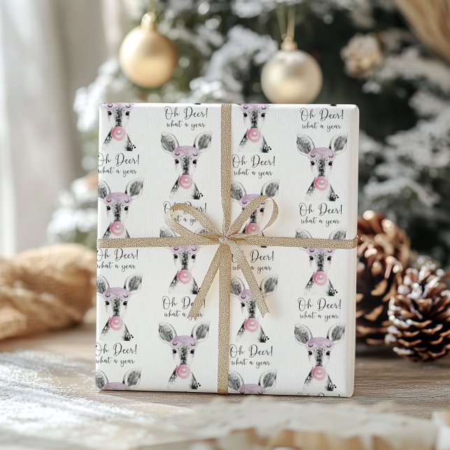 Simple Black & White Oh Deer What A Year Quote Wrapping Paper Sheet (Creator Uploaded)