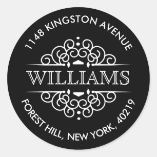 Simple Black & White Ornate Custom Return Address Classic Round Sticker