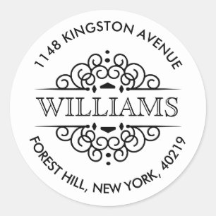 Simple Black & White Ornate Custom Return Address Classic Round Sticker