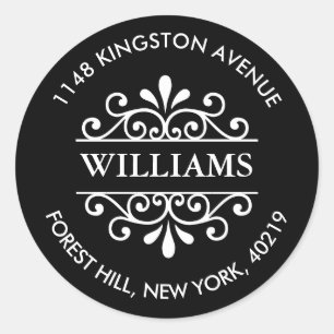 Simple Black & White Ornate Custom Return Address Classic Round Sticker