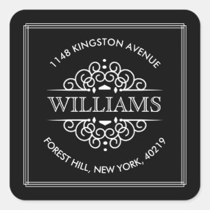 Simple Black & White Ornate Custom Return Address Square Sticker