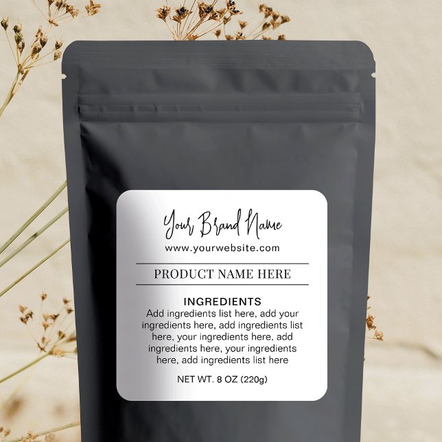 Simple Black & White Packaging Product Ingredients Square Sticker (Complete your business packaging design with these simple product ingredients stickers)