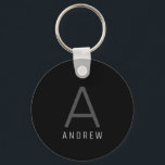 Simple Black White Personalized Monogram Metal Keychain<br><div class="desc">Simple,  professional,  modern and sleek black and white and gray round metal personalized keychain with one large initial and custom text in a thin,  sans-serif font is perfect for an understated and more subtle way to customize your belongings.</div>