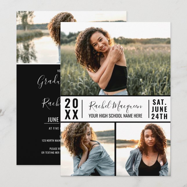 Simple Black White Photo Grid Graduation Invitation (Front/Back)