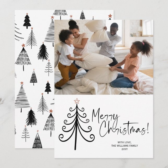 Simple Black White Photo Merry Christmas Tree  Holiday Card (Front/Back)