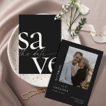 Simple Black White Photo Save The Date<br><div class="desc">These 5" x 7" save the date cards feature a minimalist design in eggshell white and grey letters on a black background with placeholders on the back for the engaged couple names,  wedding date,  and venue information and your favourite photo!</div>
