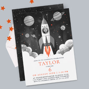 Simple Black White Rocket Ship Moon Galaxy Photo Invitation