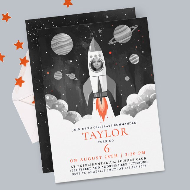 Simple Black White Rocket Ship Moon Galaxy Photo Invitation (Creator Uploaded)