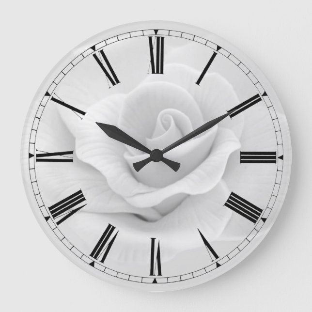 Simple Black & White Rose Roman Numeral Clock (Front)