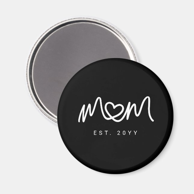 Simple Black & White Script Heart Mom Established Magnet (Front/Back)