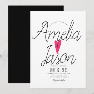 Simple Black White Script Pink Heart Type Wedding Invitation