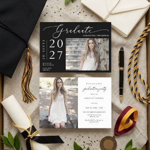 Simple Black White Script School Graduation Photo Invitation