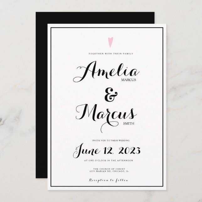 Simple Black White Script Typography Heart Wedding Invitation (Front/Back)