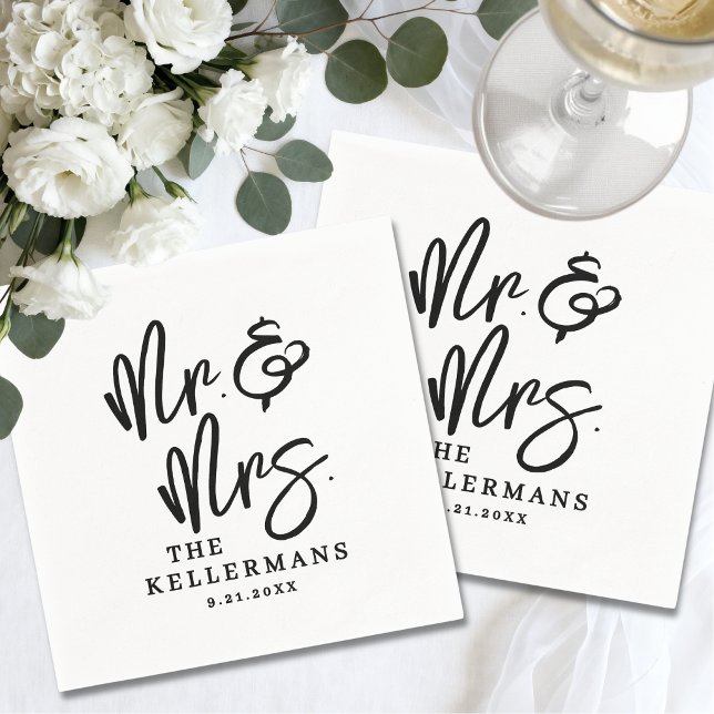 Simple Black White Script Wedding Napkin (Simple Black White Script Wedding Napkins)