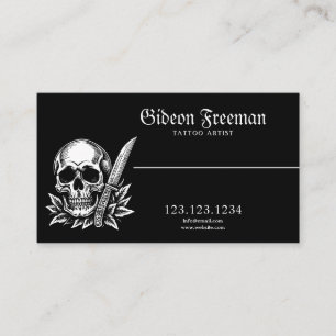 Simple Black & White Skull Knife Tattoo Artist Business Card