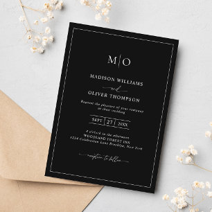 Simple Black White Square Border Monogram Wedding Invitation