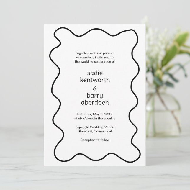 Simple Black White Squiggle Frame Modern Wedding Invitation (Standing Front)