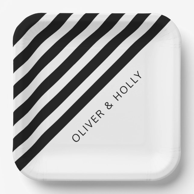 Simple Black & White Striped Square Wedding Paper Plate (Front)
