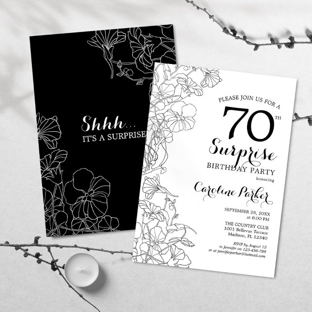 Simple Black White Surprise 70th Birthday Party Invitation (Creator Uploaded)