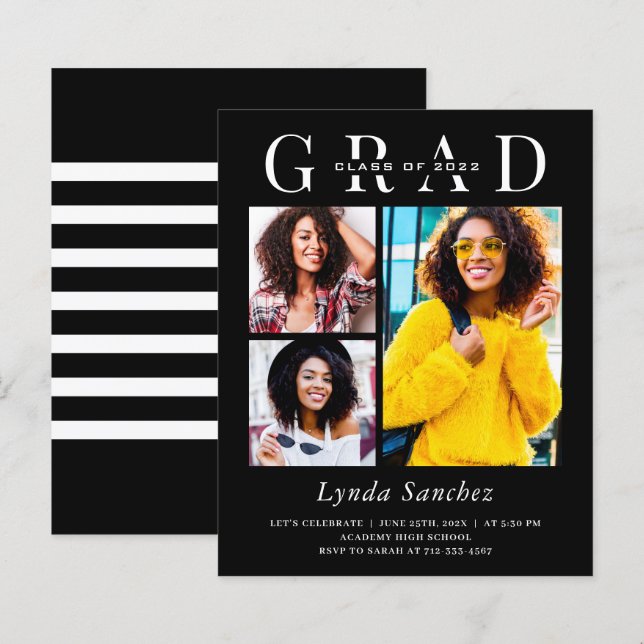 Simple Black White Three Photo Graduation Invitati (Front/Back)