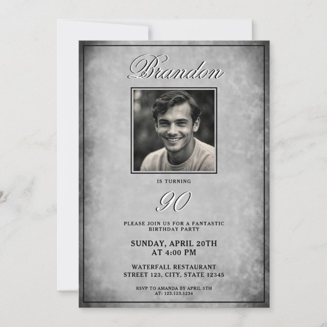 Simple Black & White Vintage Photo 90th Birthday Invitation (Front)