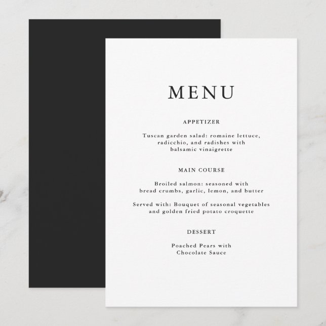 Simple Black  White Wedding Menu (Front/Back)