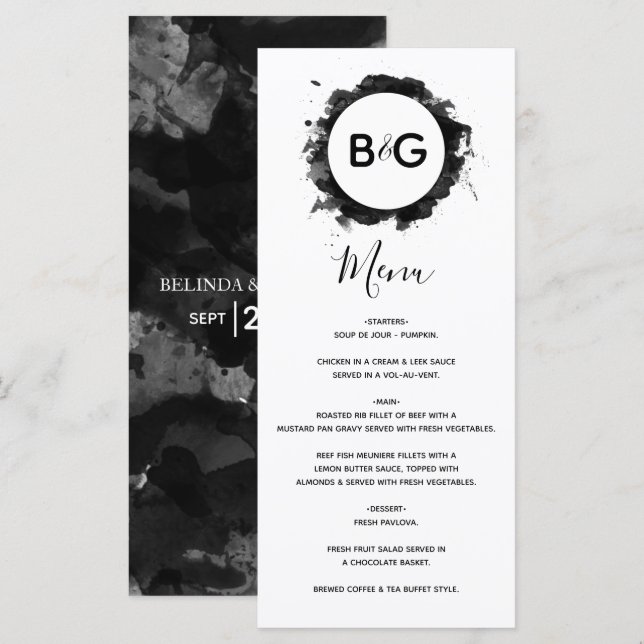 Simple Black White Wedding  Menu (Front/Back)