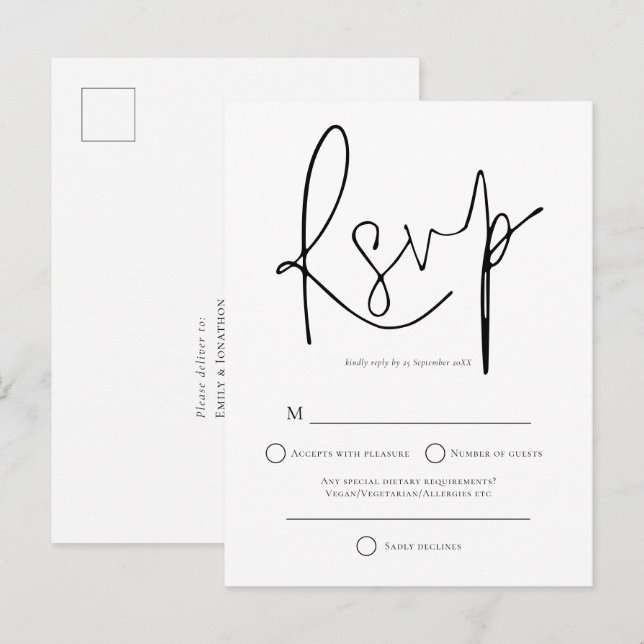Simple Black White Wedding RSVP Invitation Postcard (Front/Back)