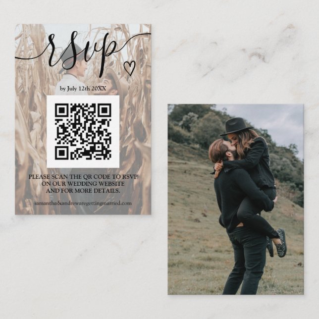 Simple black white wedding rsvp Qr code 2 photos Enclosure Card (Front/Back)