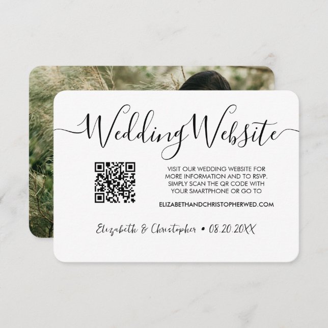 Simple black white wedding website QR code photo Enclosure Card (Front/Back)