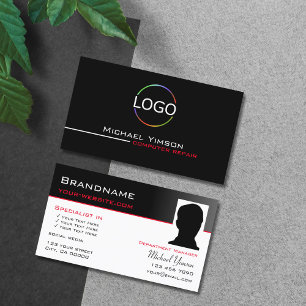 Simple Black White with Logo & Photo Professional Business Card